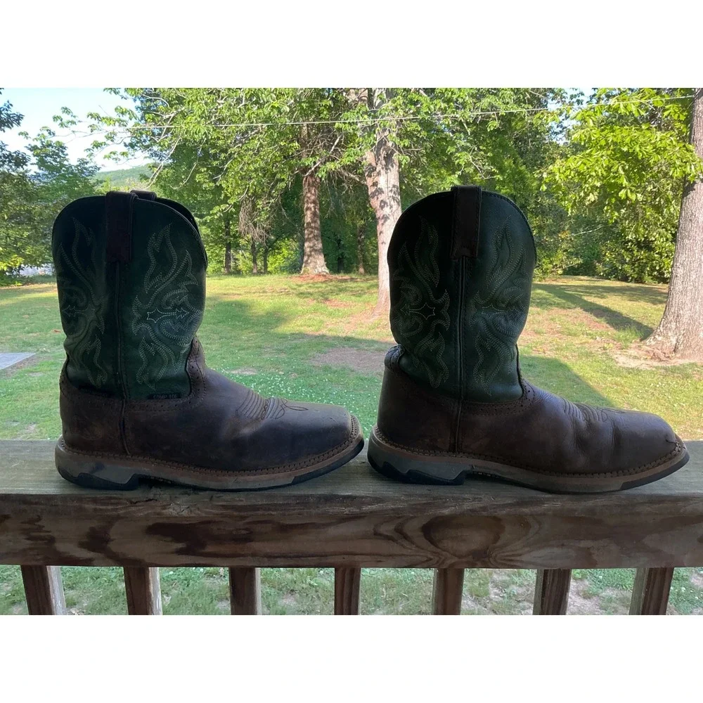 Justin Mens Waterproof Composite Toe Work Boots Brown‎ Green Square Toe Leather
